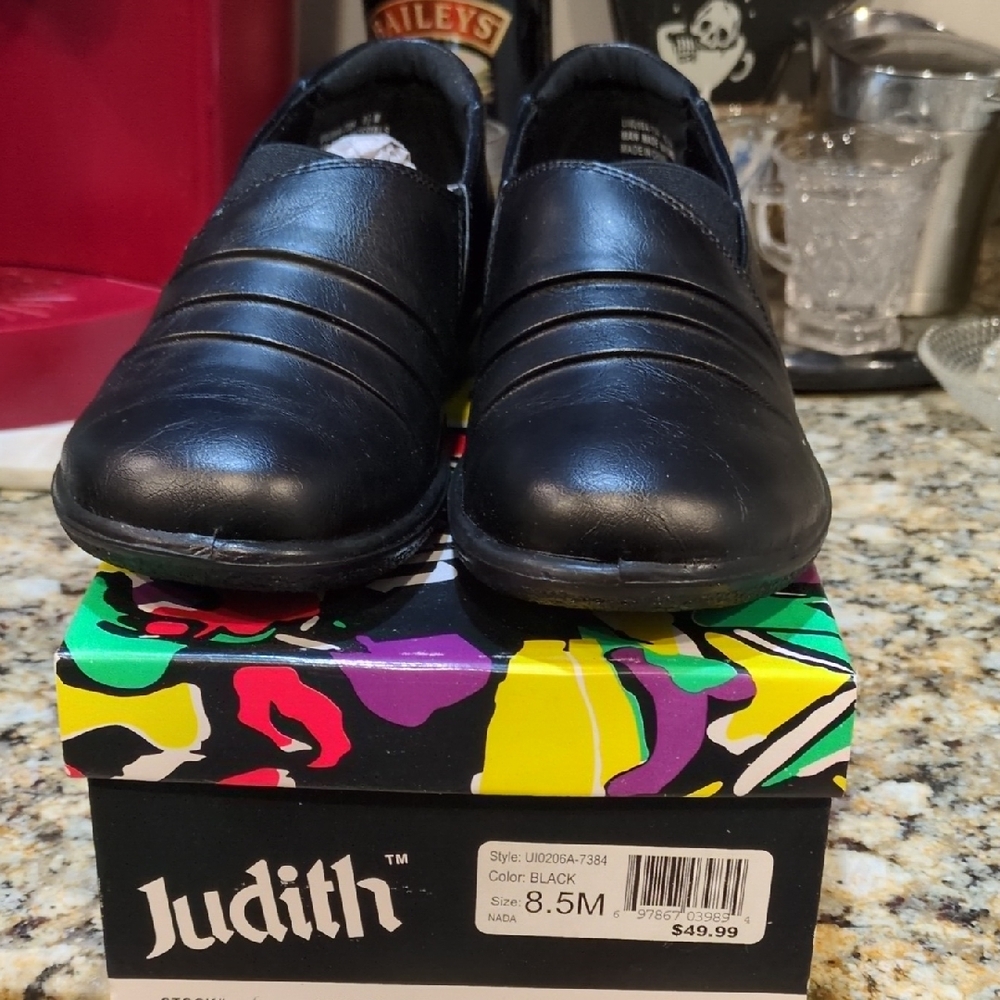 Judith Black Leather Slip-On Shoes